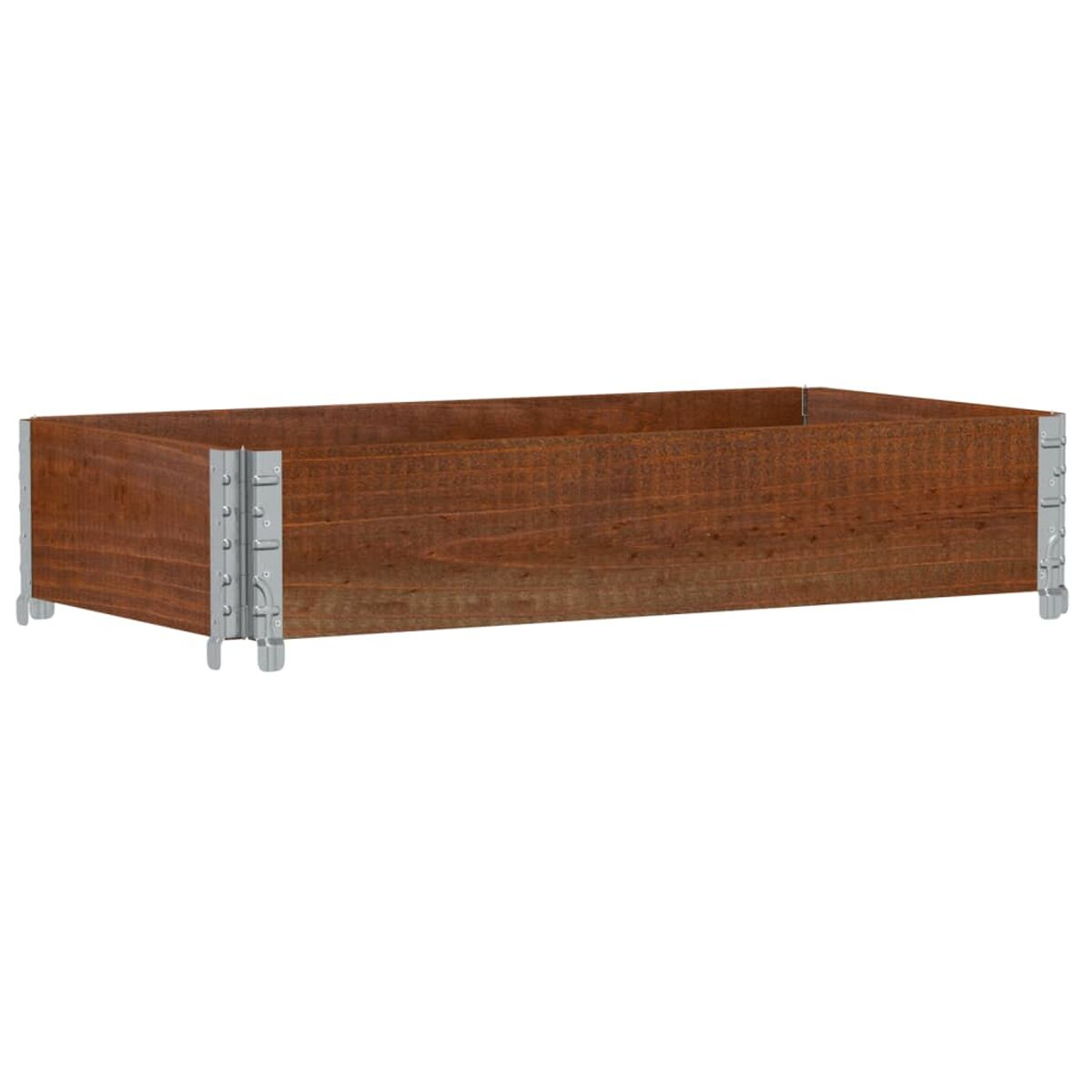 Una fioriera in legno marrone con accenti metallici sugli angoli. La venatura del legno è visibile.