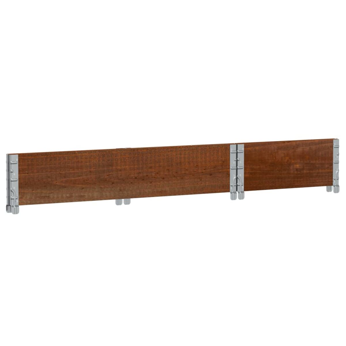 Fioriera lunga in legno marrone con accenti metallici.
