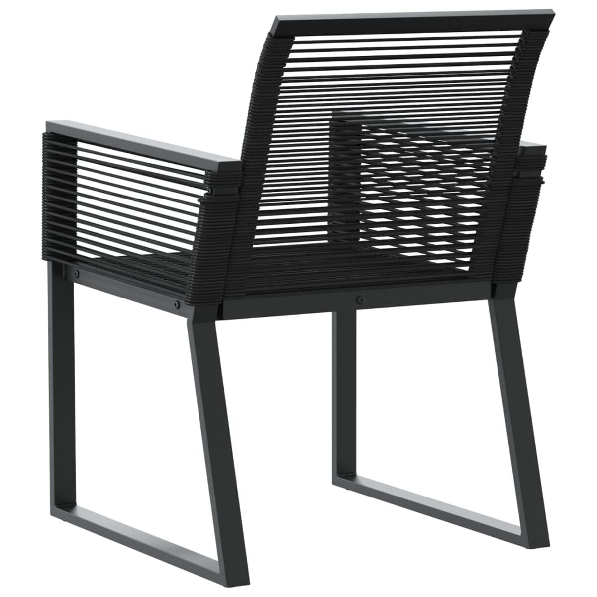 Una sedia in metallo nero con schienale e seduta intrecciati. Design moderno e aperto.