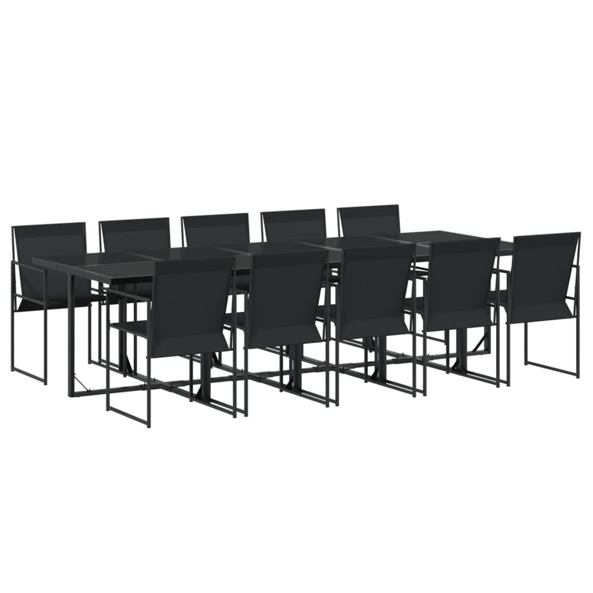 Satz schwarzer Metallstühle mit schwarzen Stoffsitzen und einem schwarzen Tisch.