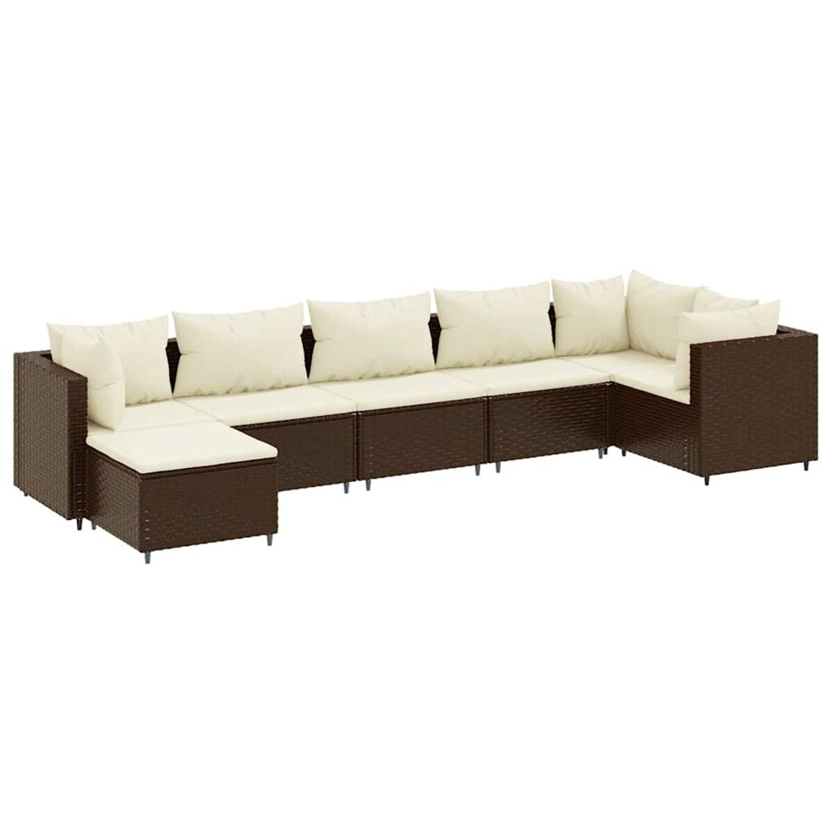 Divano a forma di U marrone scuro con cuscini beige e un motivo intrecciato.