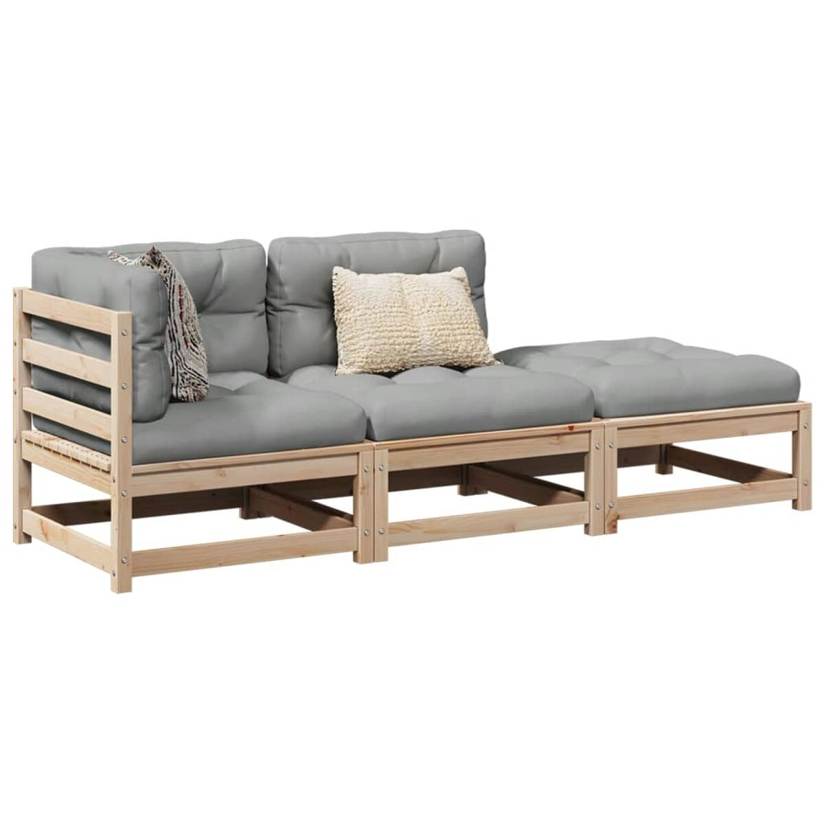 Graues Sofaset mit Holzrahmen. Es beinhaltet ein Ecksofa, einen Einzelsitz und eine Fußstütze.