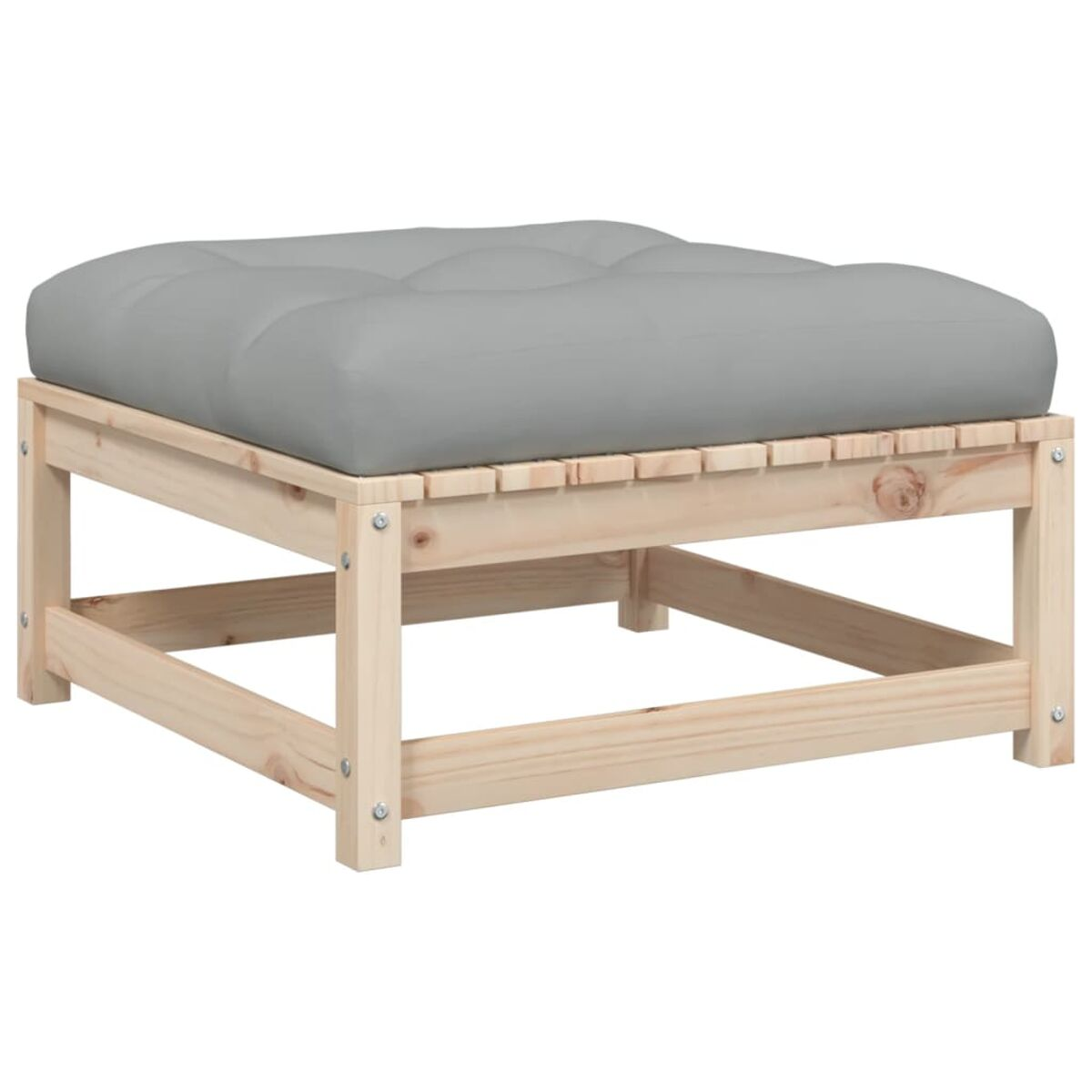 Hocker aus Holz mit grauem Kissen. Der Rahmen besteht aus hellem Holz.