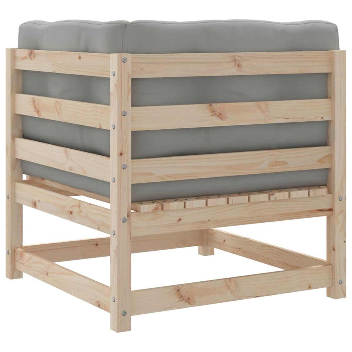 Ein quadratischer Holz-Hocker mit grauem Kissen. Es wirkt robust und minimalistisch.