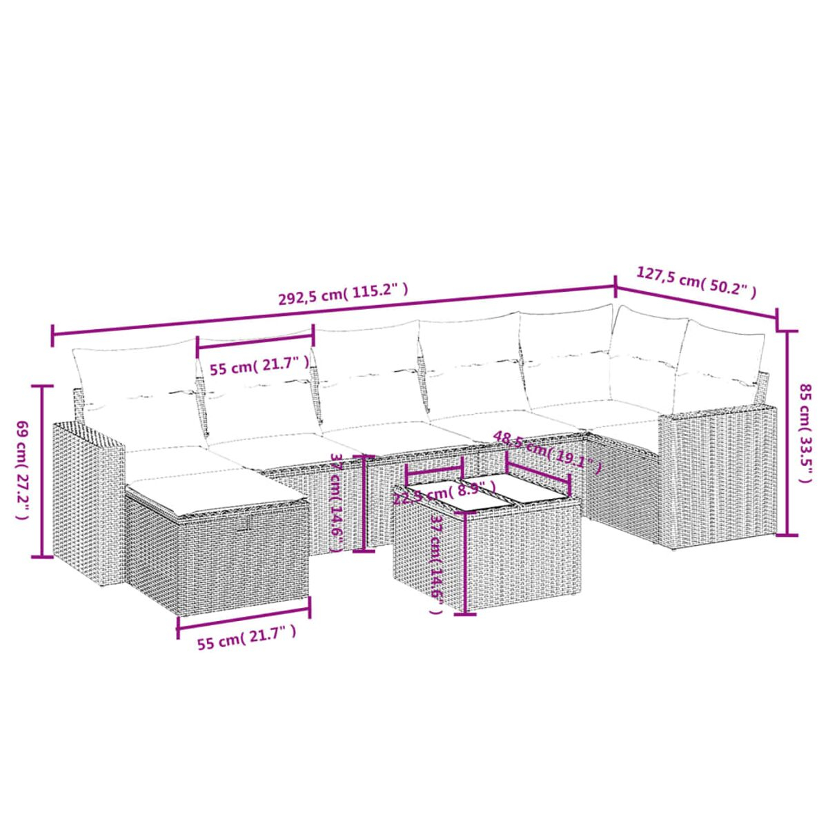 Weißes Ecksofa aus Rattan mit Abmessungen. Es ist auf weißem Hintergrund platziert.