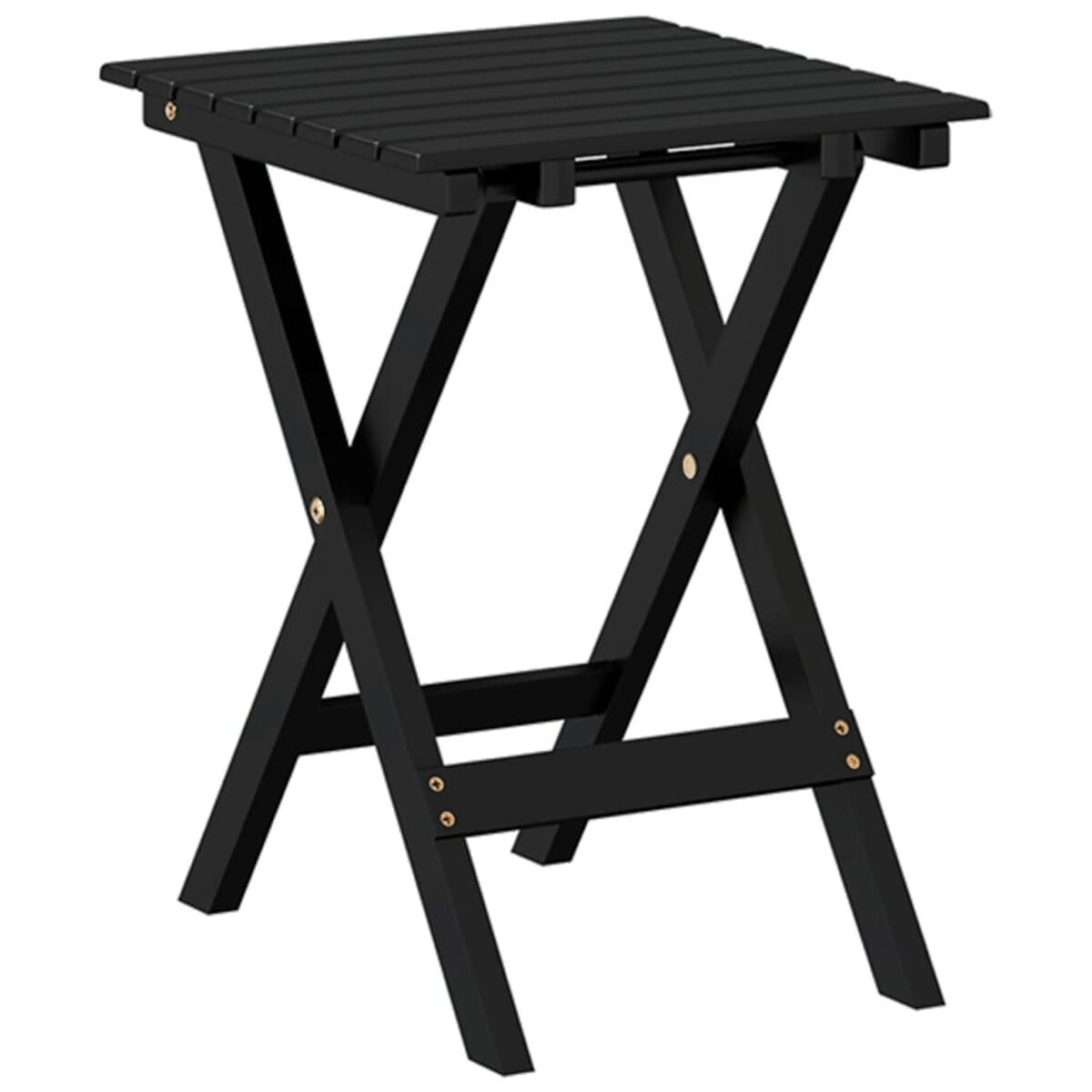 Un tavolo pieghevole nero in legno. Ha un piano quadrato e gambe a forma di X.