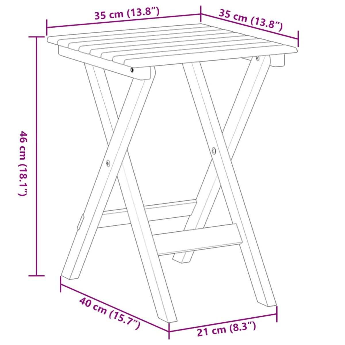 Klappbarer Beistelltisch aus Holz. Abmessungen sind angegeben. Er hat ein einfaches, X-förmiges Beindesign.