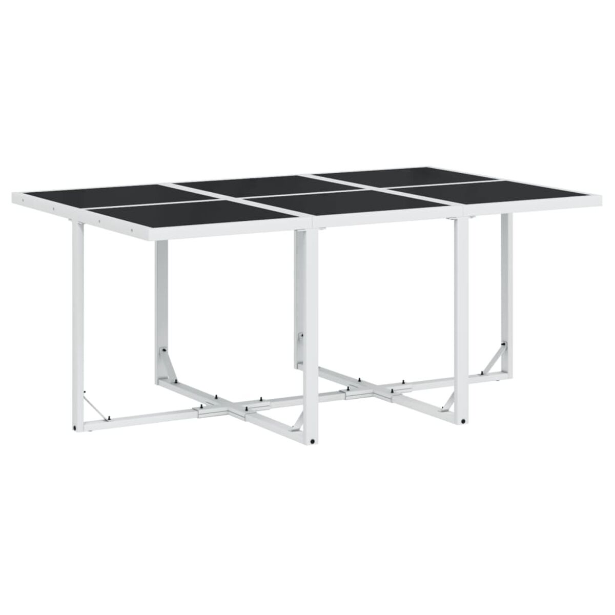 Tavolo da esterno bianco con piano nero. Gambe bianche.