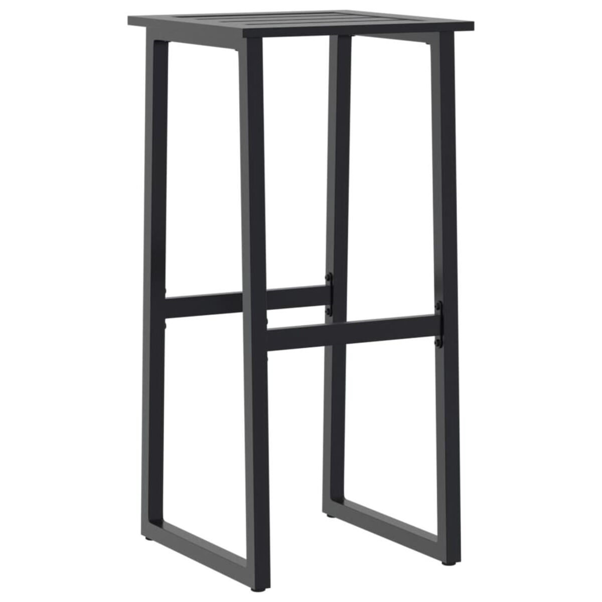 Sgabello da bar in metallo nero con piano quadrato, su sfondo bianco.