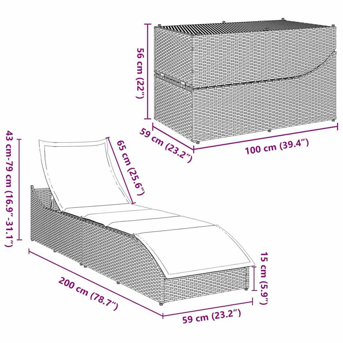 Wicker-Daybed mit Abmessungen, eine Abdeckung ist teilweise geöffnet. Weißer Hintergrund.