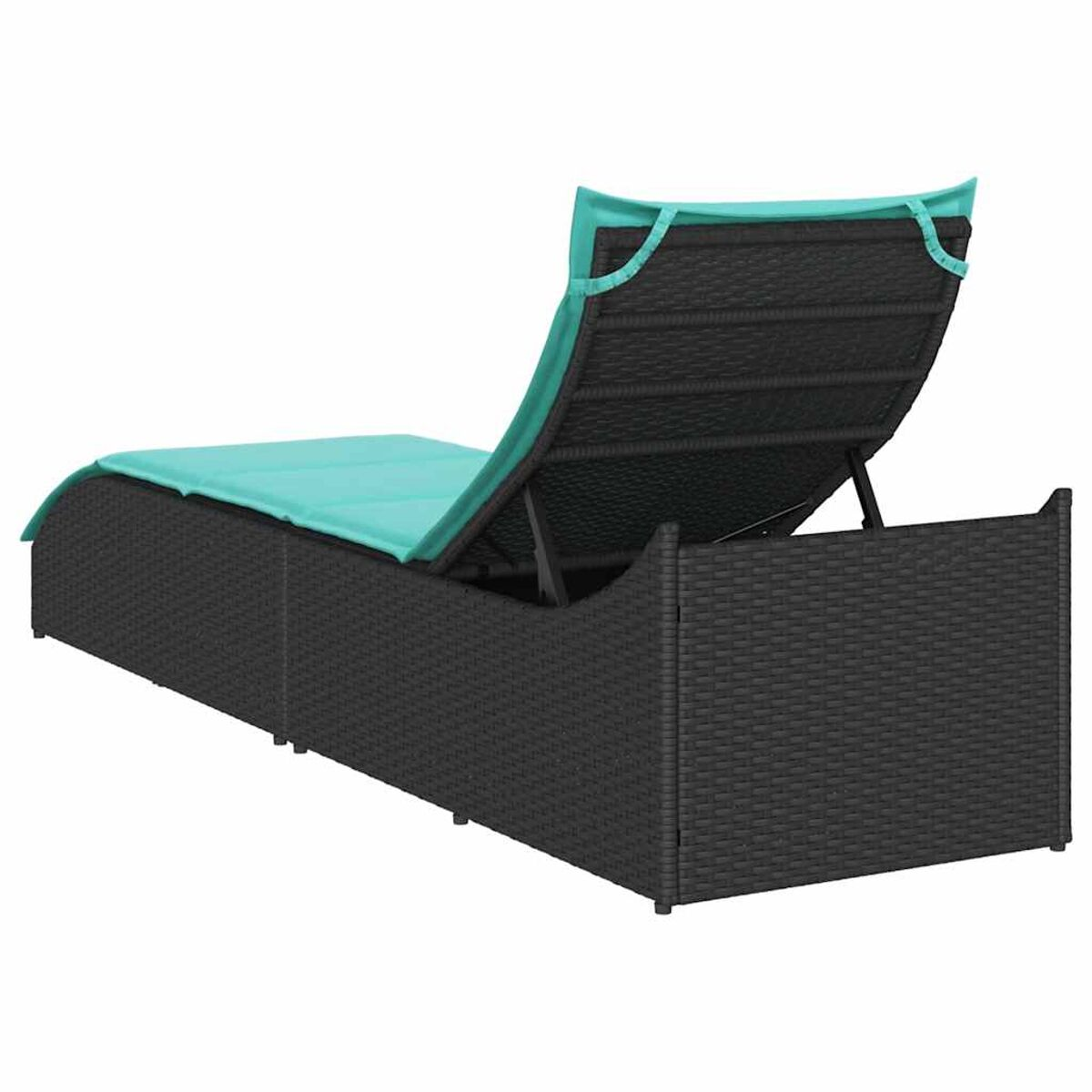 Schwarze Rattan-Sonnenliege mit türkisblauem Kissen. Mit verstellbarer Rückenlehne und Stauraum.