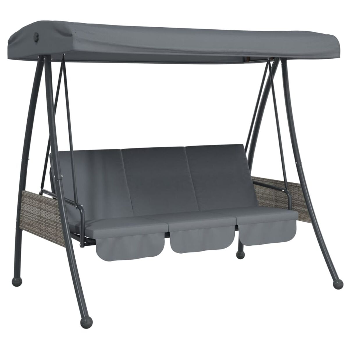 Outdoor-Schaukel mit grauen Kissen und Baldachin. Dunkler Rahmen mit grauem Baldachin.