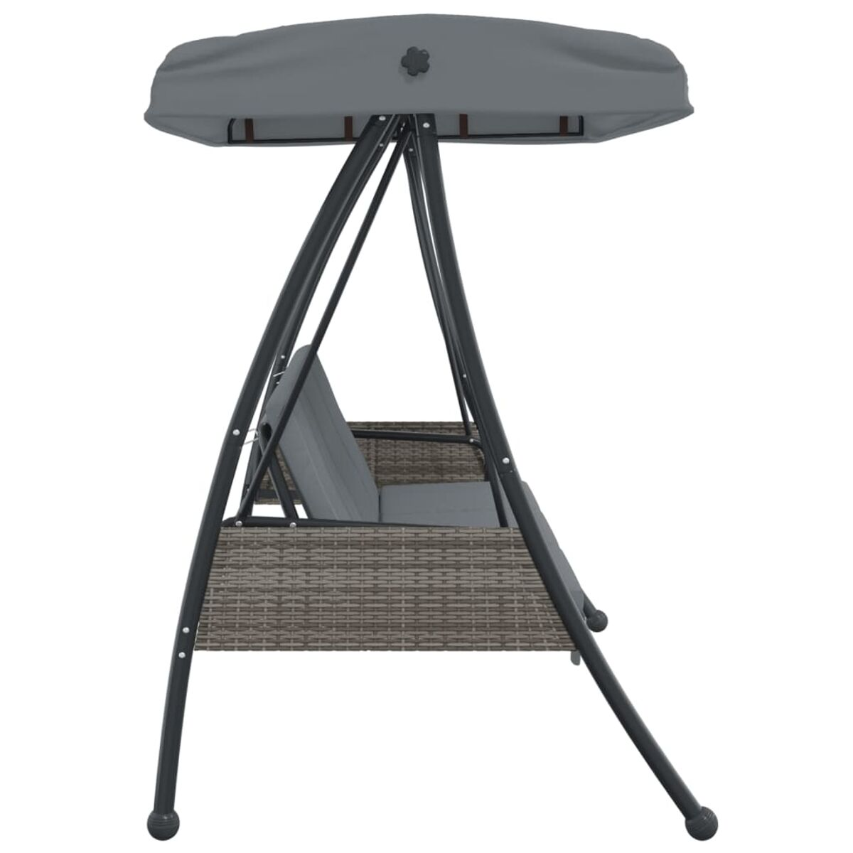 Graue Schaukel mit Verdeck. Wicker-Basis, grauer Sitz. Metallrahmen.