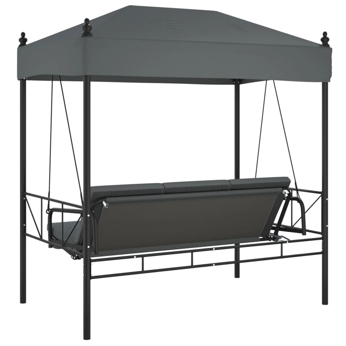 Schaukel mit grauem Baldachin und Sitz. Schwarzes Metallgestell. Outdoor-Umgebung.