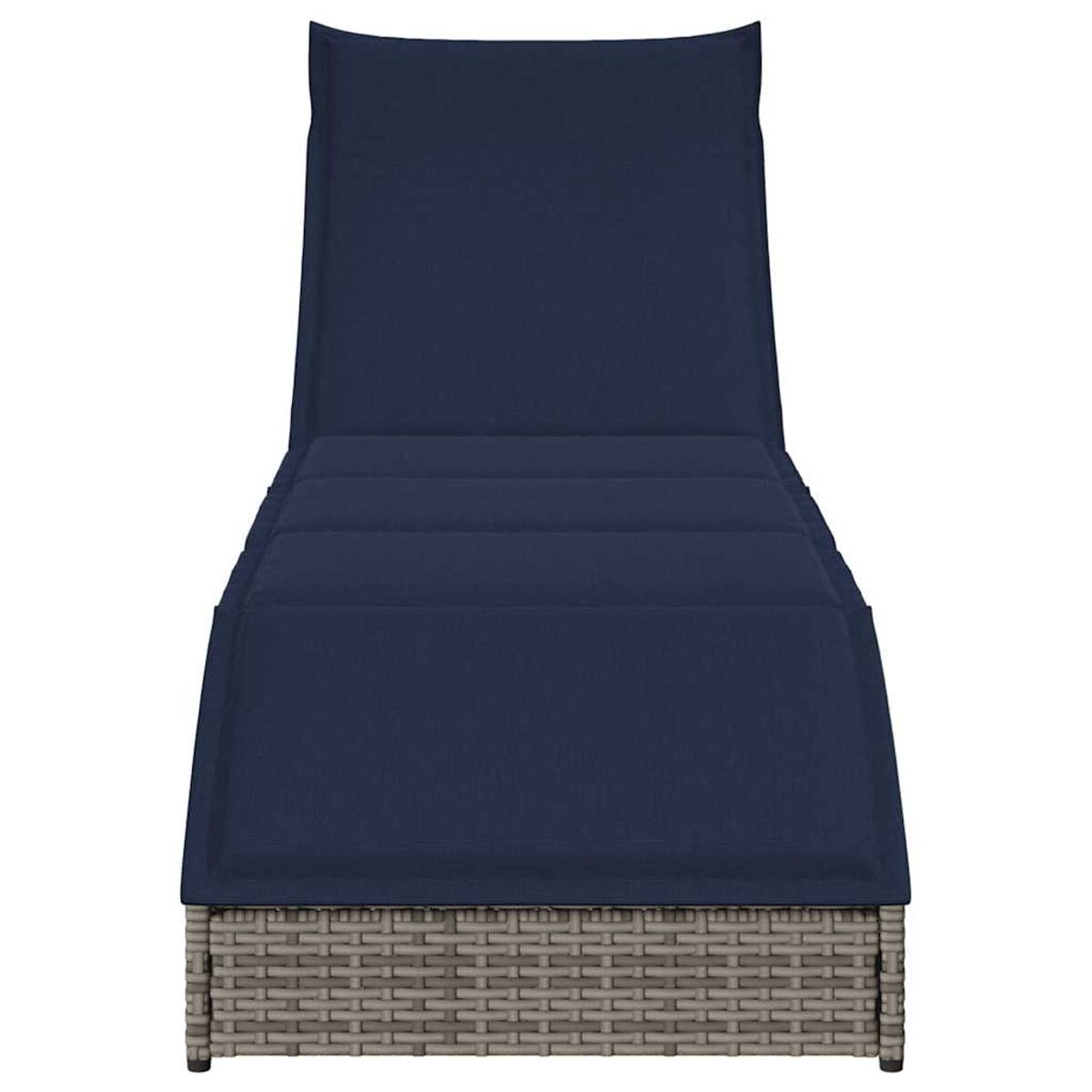 Lettino prendisole da esterno, rivestimento blu navy e base intrecciata grigia.