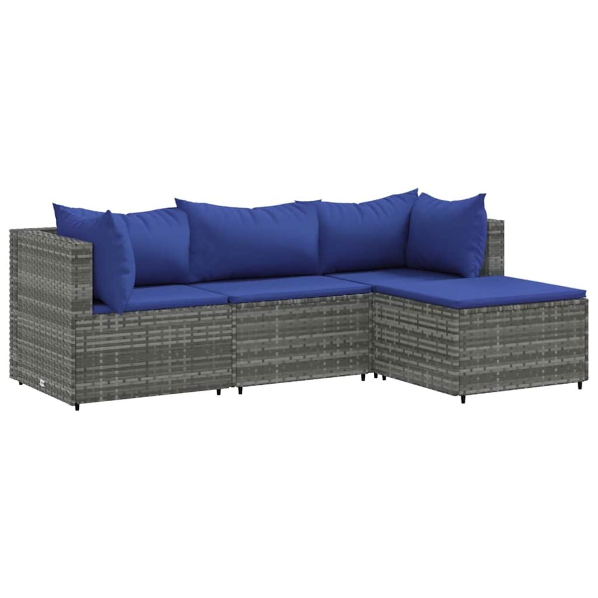 Divano componibile in rattan grigio per esterni con cuscini blu, perfetto per il patio.
