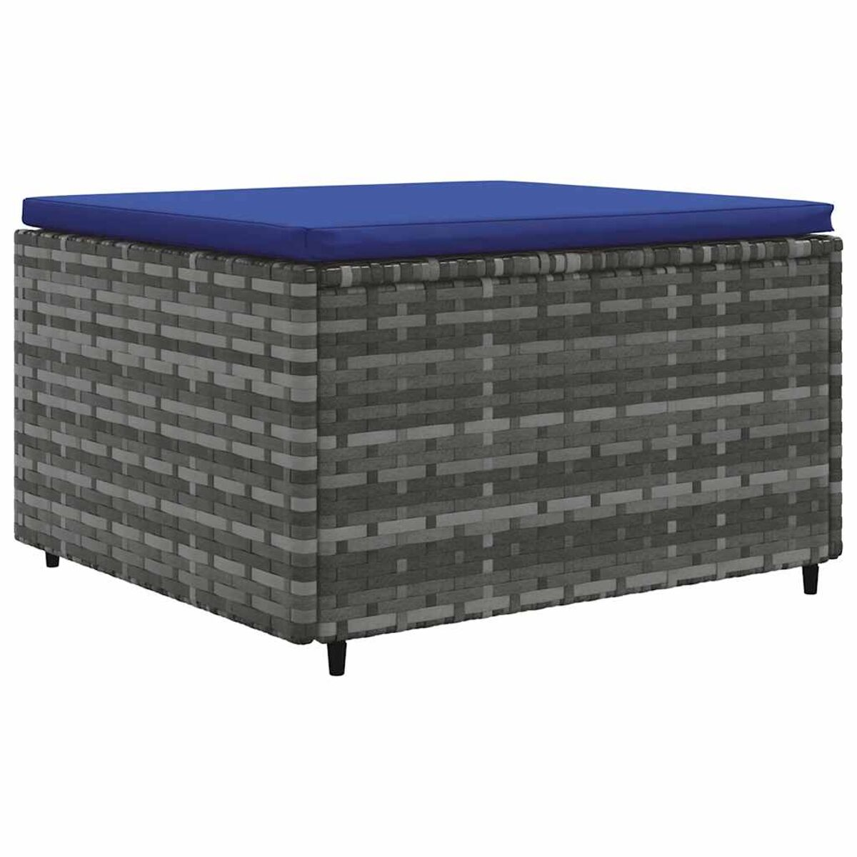 Pouf contenitore quadrato grigio intrecciato con cuscino blu. Isolato su sfondo bianco.