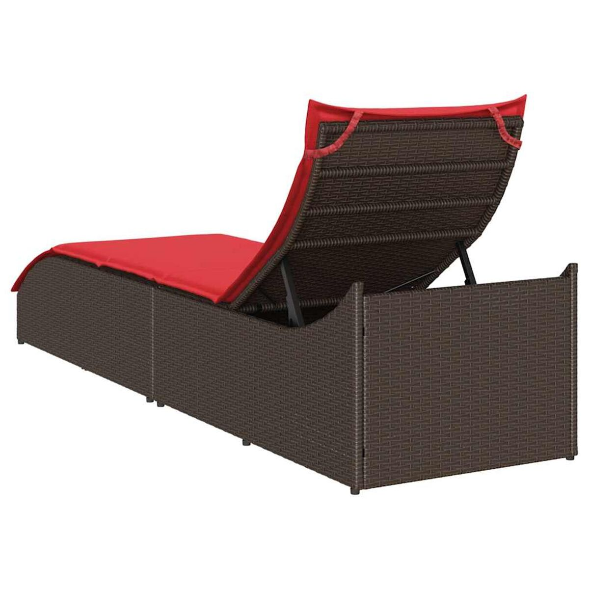 Chaise longue da esterno in vimini marrone con cuscino rosso e schienale regolabile.