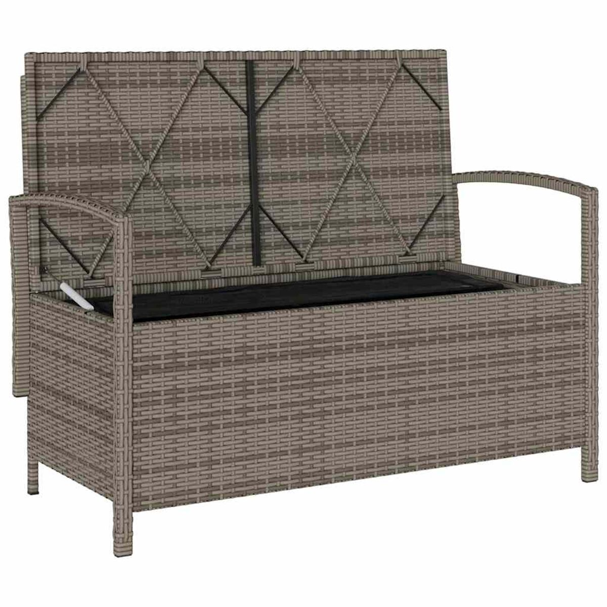 Una panca contenitore in rattan grigio con coperchio aperto. L'interno è visibile.