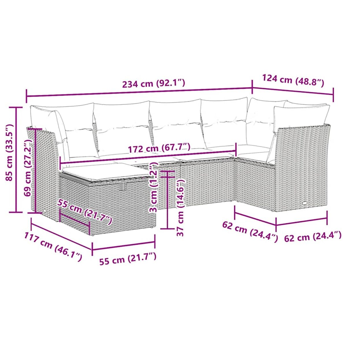 Ecksofa aus Korbgeflecht mit Maßangaben. Weißer Hintergrund.