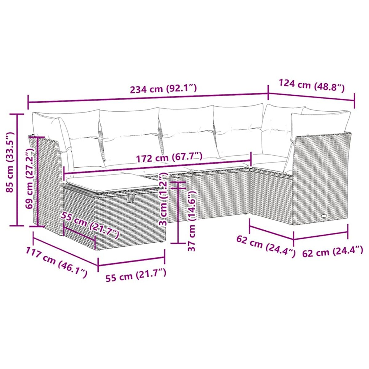 Geflochtenes Outdoor-Sofa, Maße im Blick. Graue Kissen. Maße im Blick.