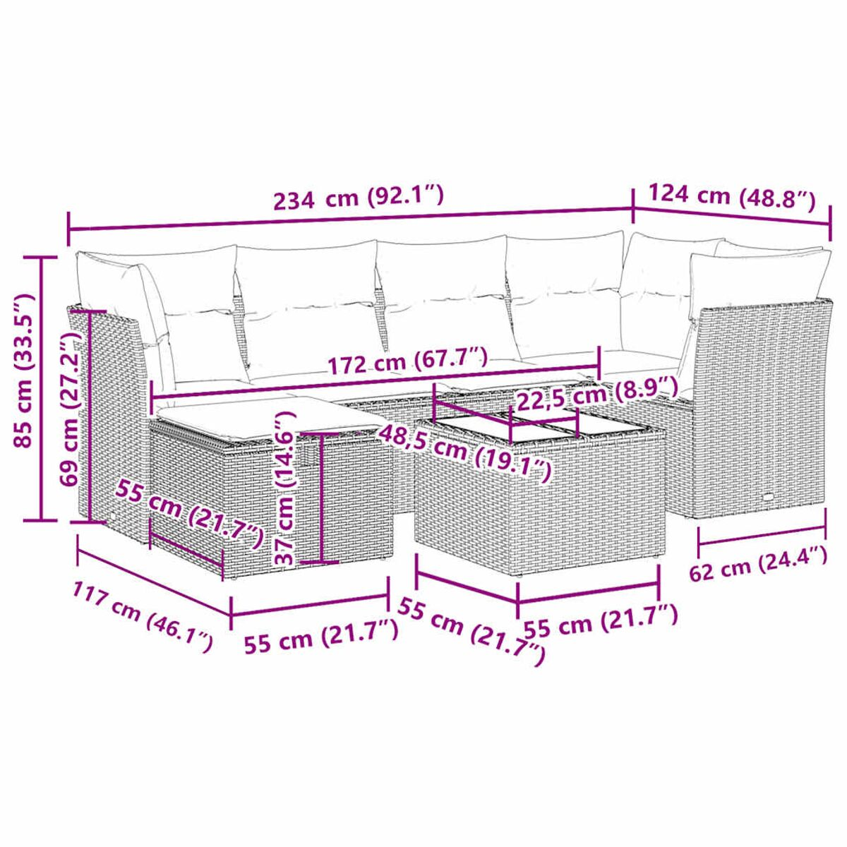 Ein Rattansofa-Set mit beschrifteten Abmessungen. Kissen und ein Tisch sind sichtbar.