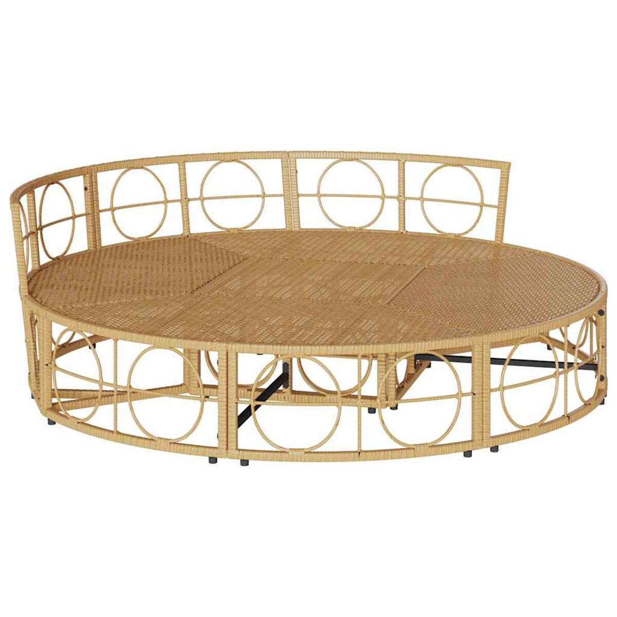 Lettino rotondo da esterno. Ha una superficie intrecciata e una cornice decorativa.