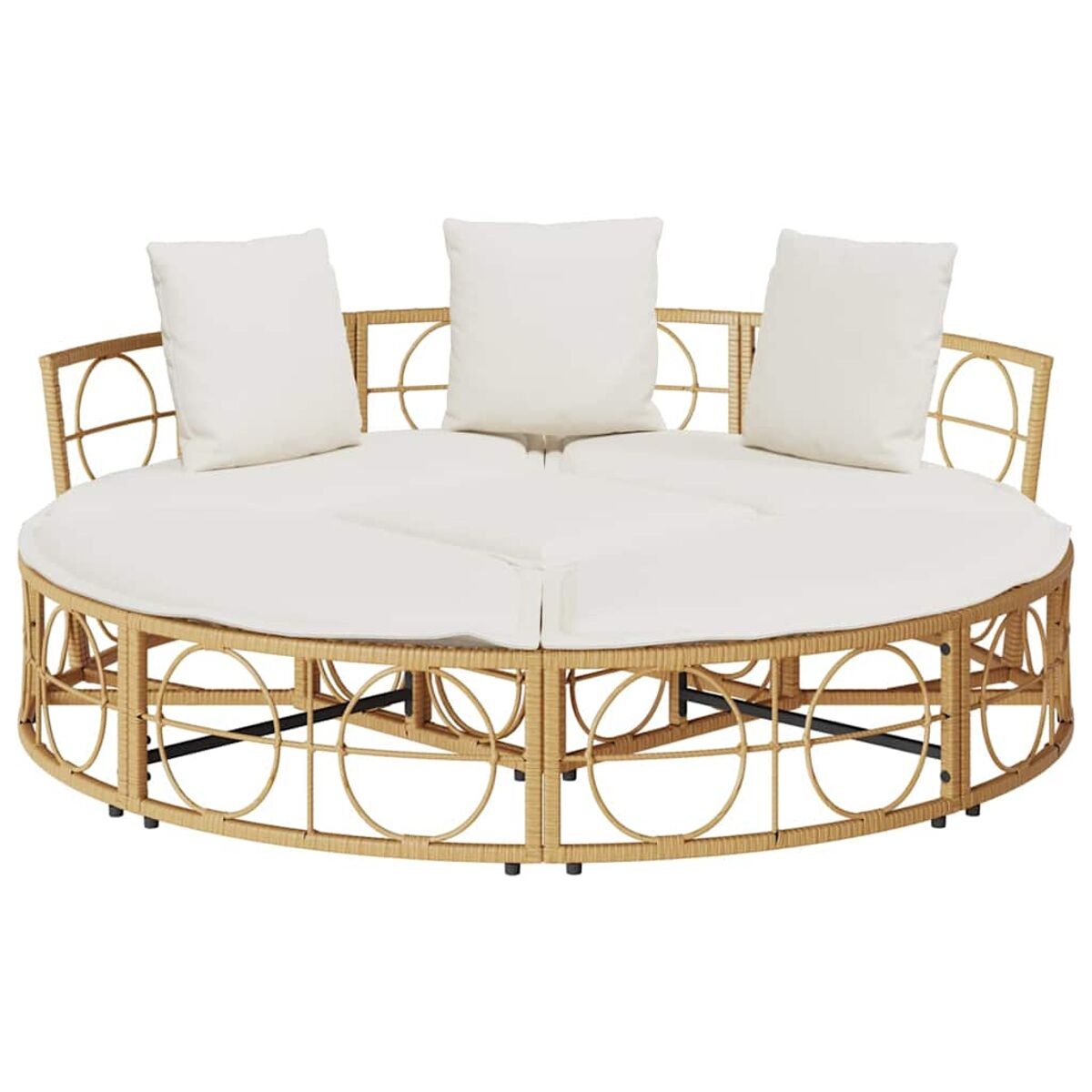 Divano da esterno a forma di mezza luna con cuscini, in design vimini, colore marrone chiaro.