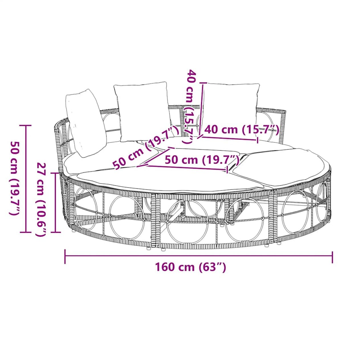Diagramma di un lettino rotondo per esterni con dimensioni espresse in centimetri e pollici.