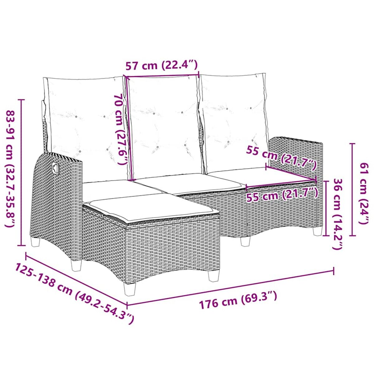 Diagramm eines Ecksofas aus Korbgeflecht mit Maßen in Zentimetern.