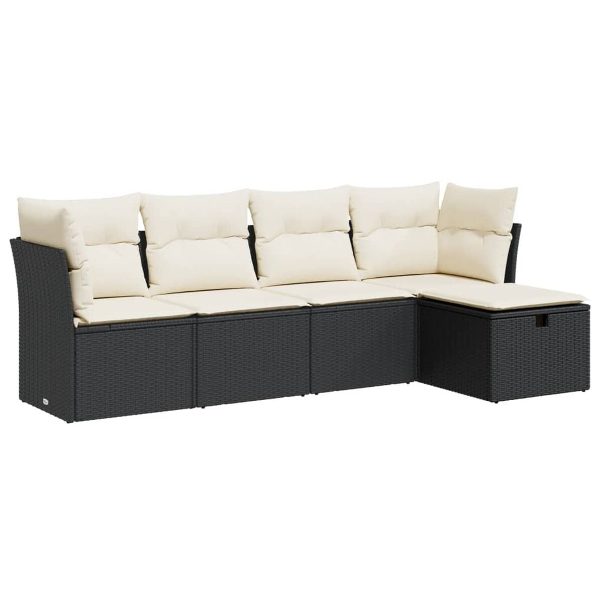 Divano angolare in rattan grigio scuro con cuscini color crema.