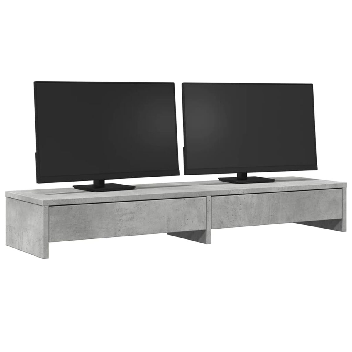 Ein grauer Beton-TV-Ständer mit zwei schwarzen Fernsehern oben drauf.