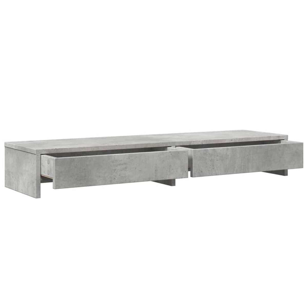 Betonschrank mit zwei offenen Schubladen. Hellgraue Farbe. Weißer Hintergrund.