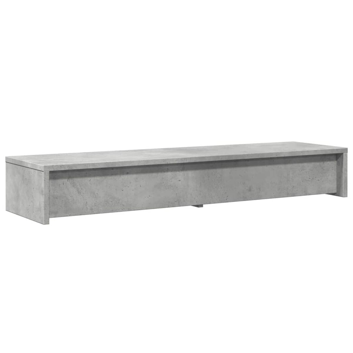 Ein grauer TV-Ständer aus Beton auf weißem Hintergrund. Es hat eine lange, rechteckige Form.