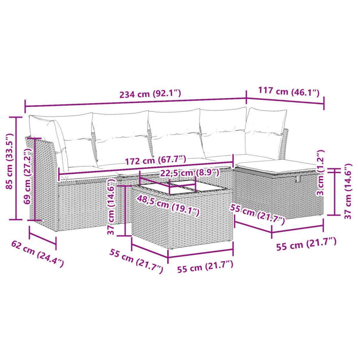 Ein Rattansofa-Set mit beschrifteten Abmessungen. Es umfasst ein Sofa, einen Tisch und einen Hocker.