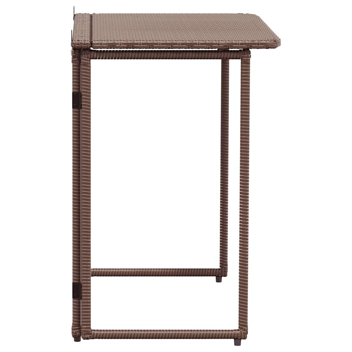 Brauner Beistelltisch aus Rattan. Er ist rechteckig mit hochgeklappter Oberseite.