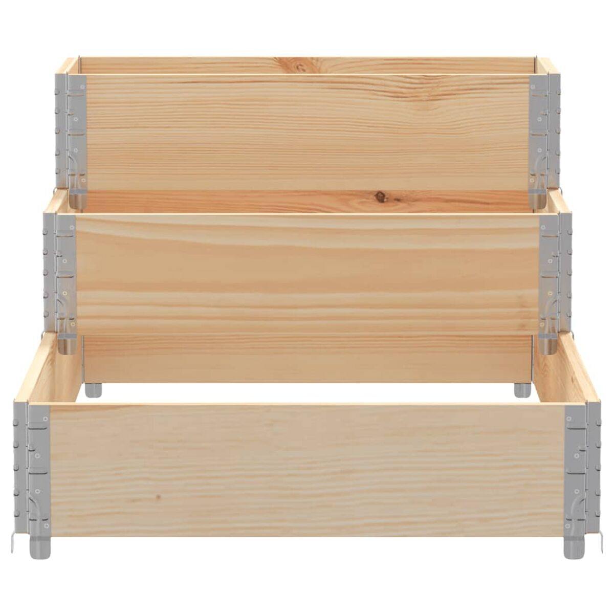 Fioriera a gradini in legno con tre livelli, angoli in metallo e finitura in legno chiaro.