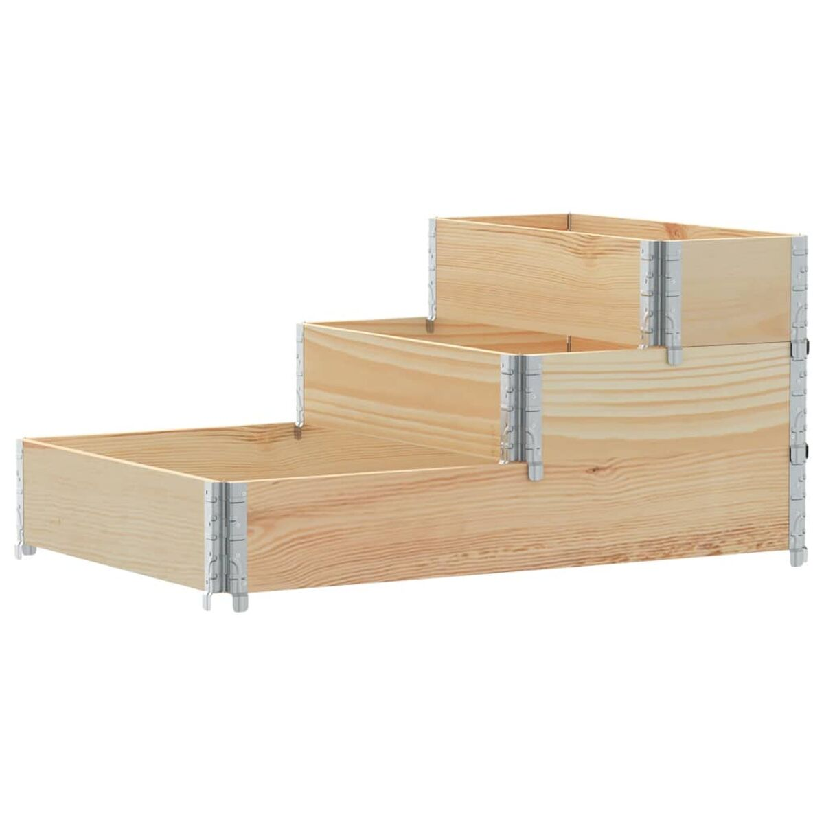 Un set di tre gradini in legno, ciascuno a forma di fioriera rettangolare. Le cerniere metalliche sono visibili.