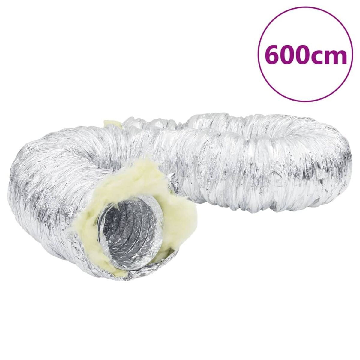 Silberner flexibler Kanal mit Etikett, das eine Länge von 600 cm anzeigt. Weißer Hintergrund.