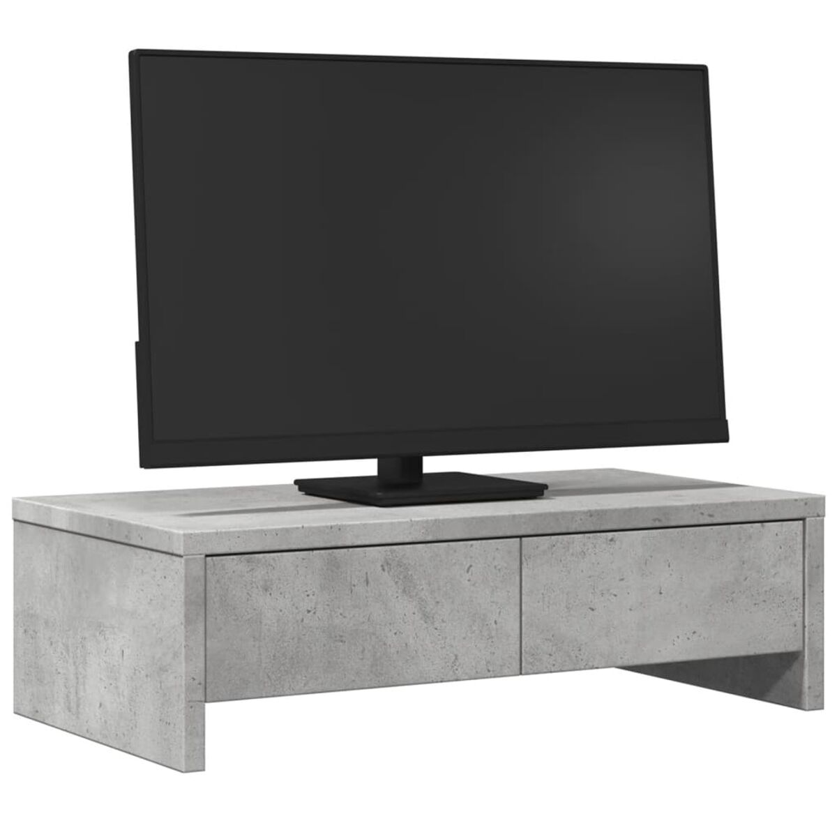 Grauer TV-Ständer aus Beton mit zwei Schubladen, schwarzer TV oben, isolierte Ansicht.