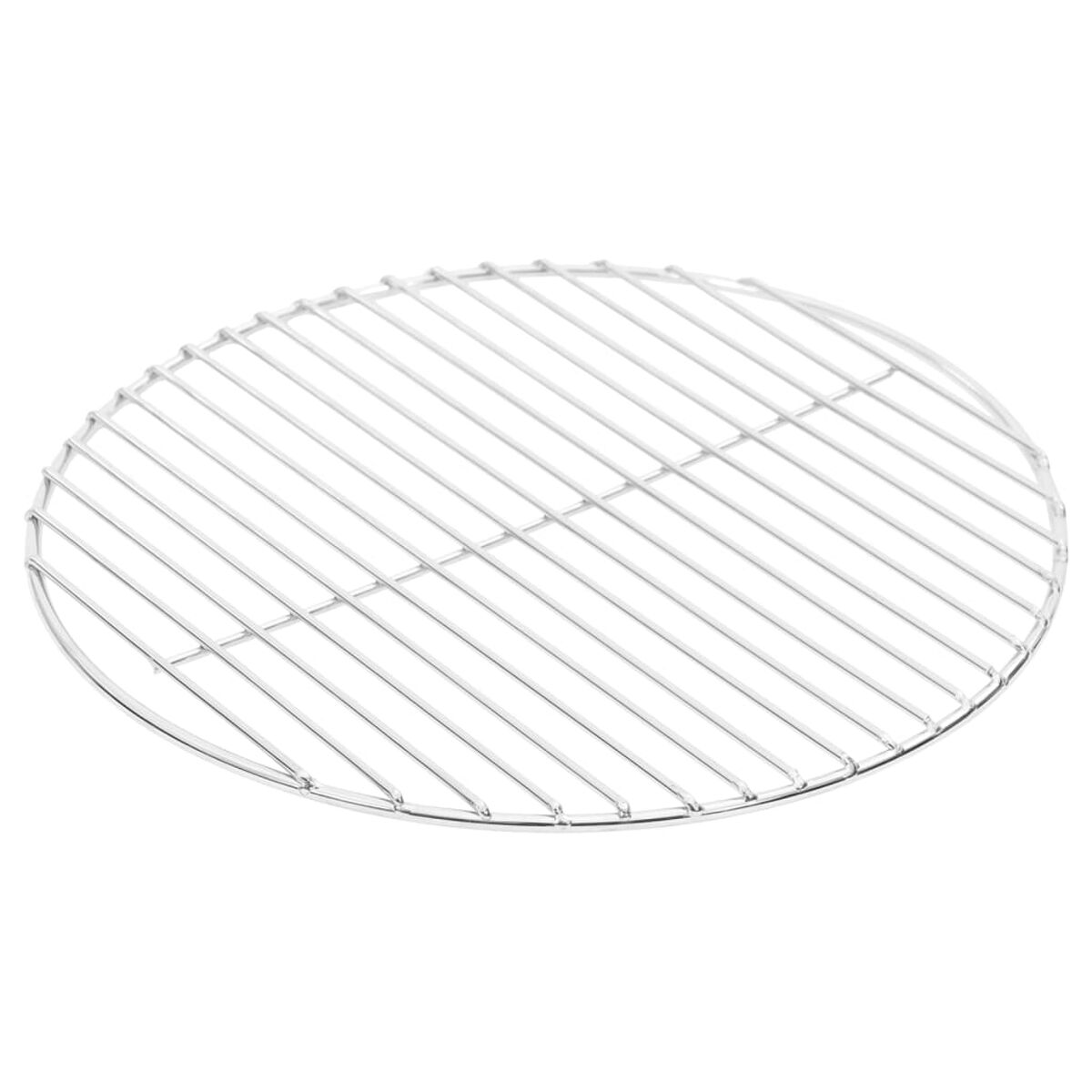 Runder silberner Grillrost. Er besteht aus dünnen Metallstäben.