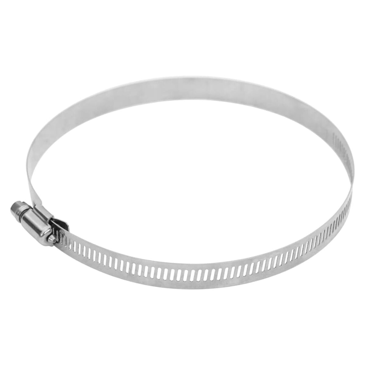 Eine silberne Schlauchschelle mit Schraubmechanismus. Die Schelle ist metallisch und kreisförmig.