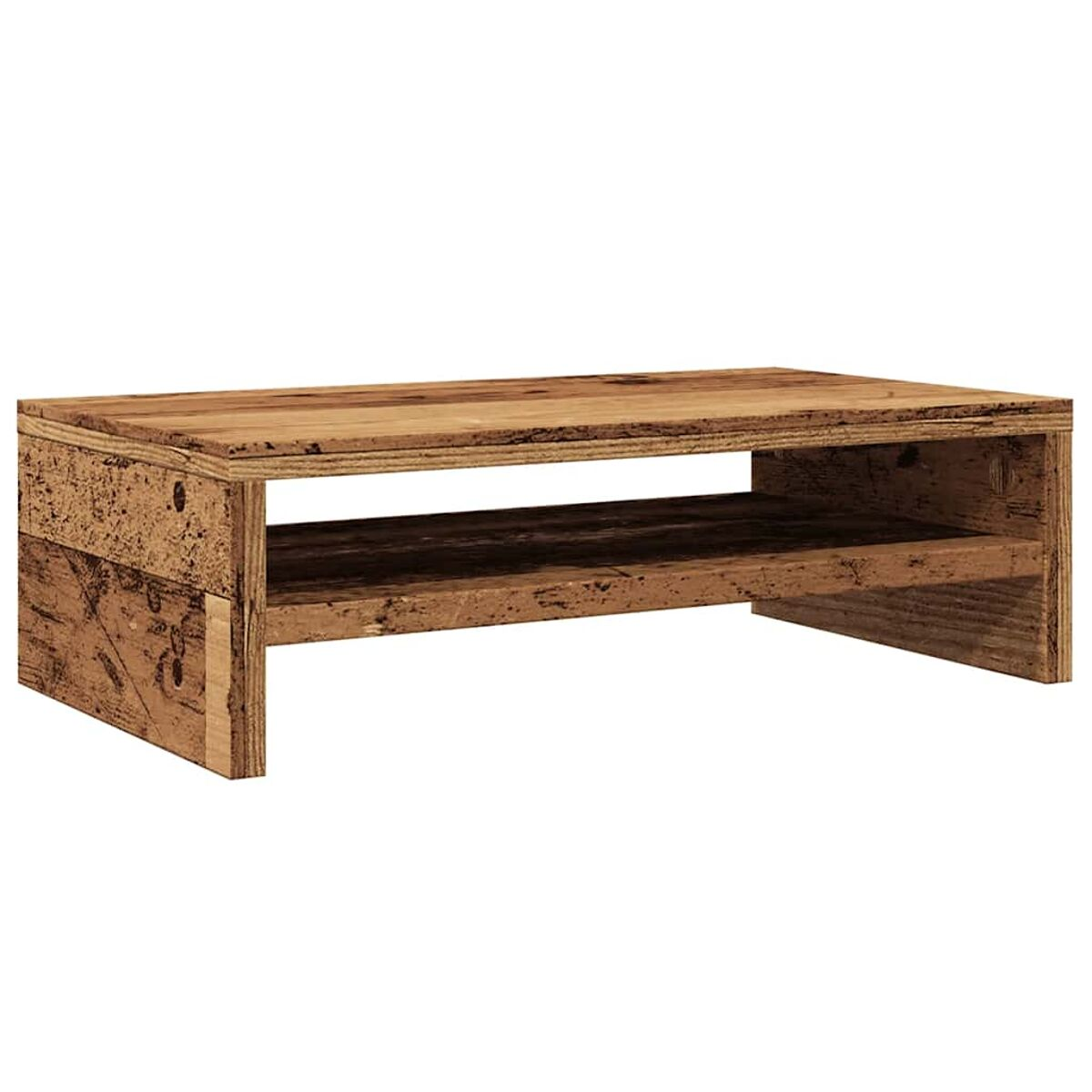 Ein kleiner Couchtisch aus Holz mit einem unteren Regal, aus grob behauenen Brettern gebaut.