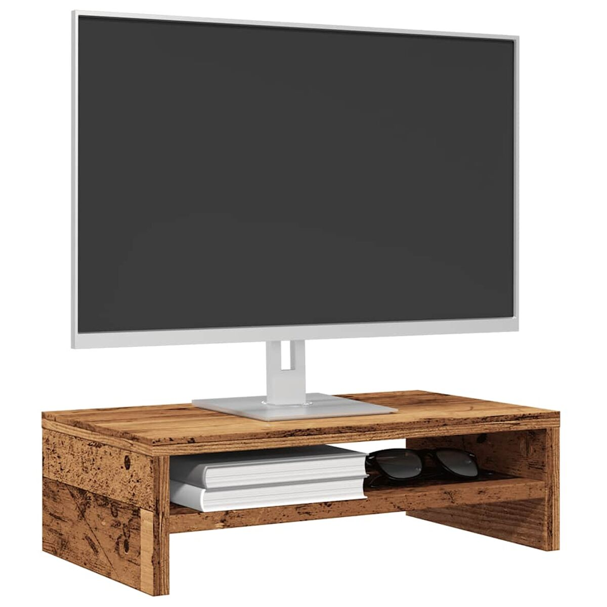 Monitor auf Holzständer mit Büchern und Brille. Weißer Hintergrund.