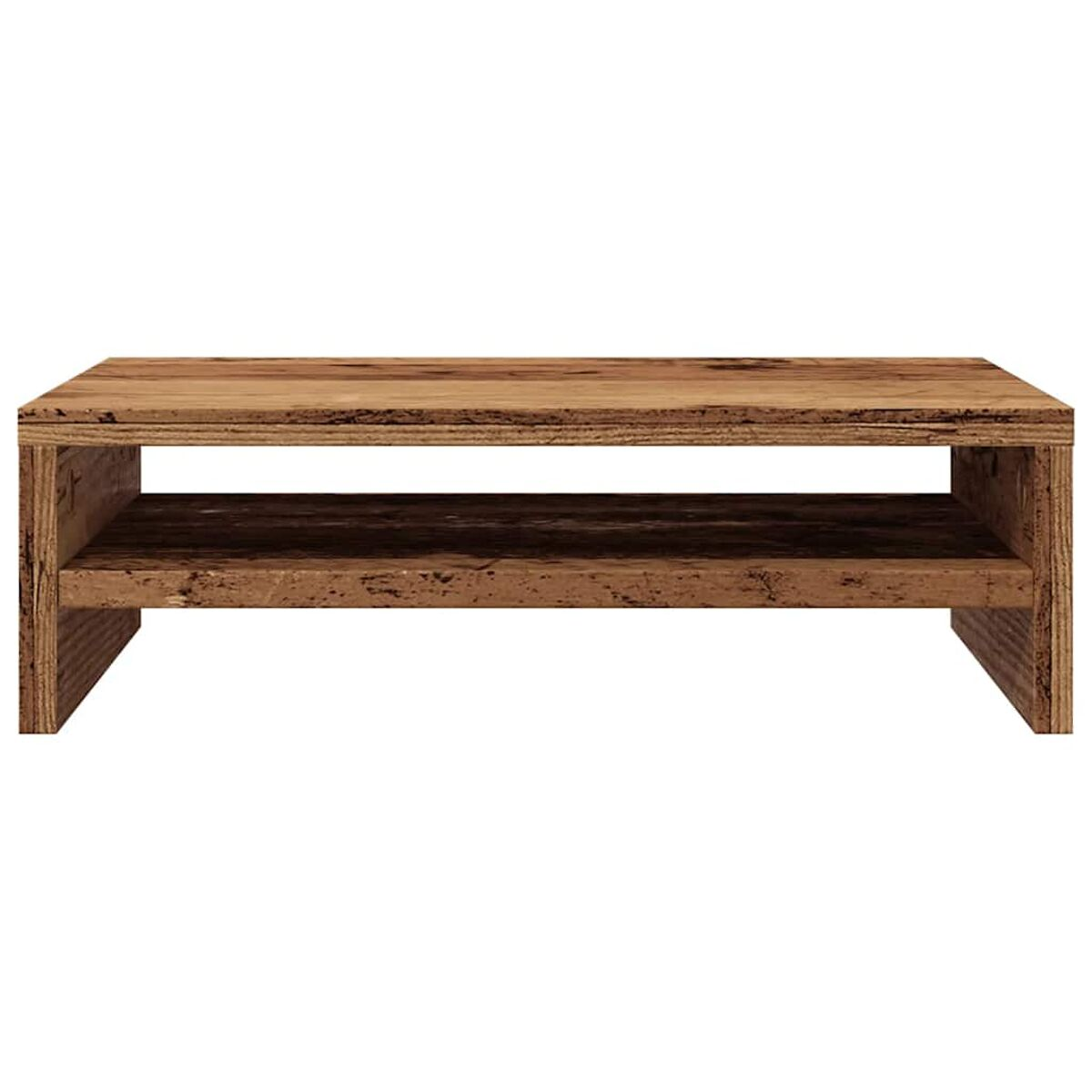 Ein kleiner Couchtisch aus Holz mit zwei Ablagen, aus hellbraunem Holz, aus nächster Nähe betrachtet.