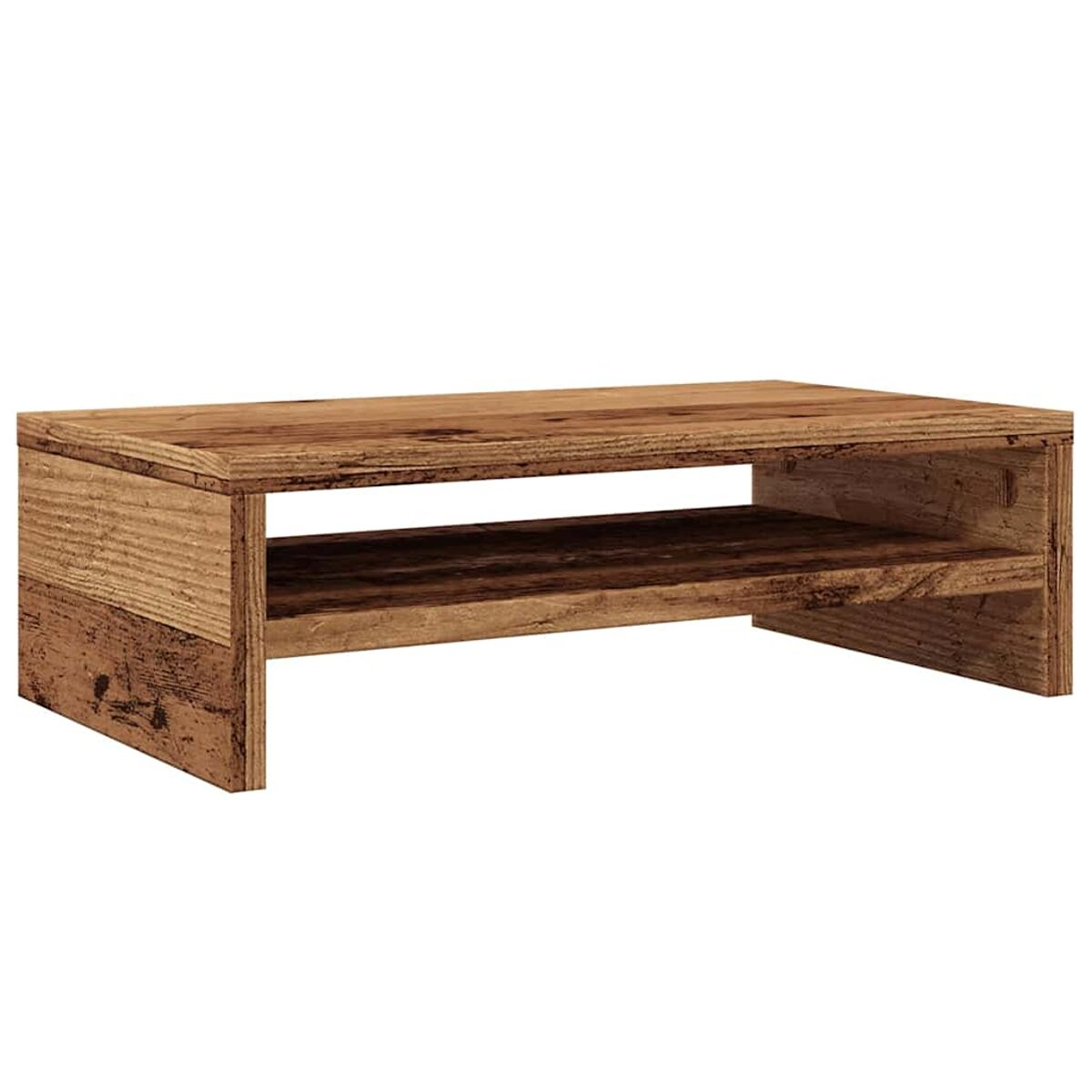 Ein kleiner, rechteckiger Holztisch mit einem unteren Regal. Es hat ein rustikales, verwittertes Aussehen.