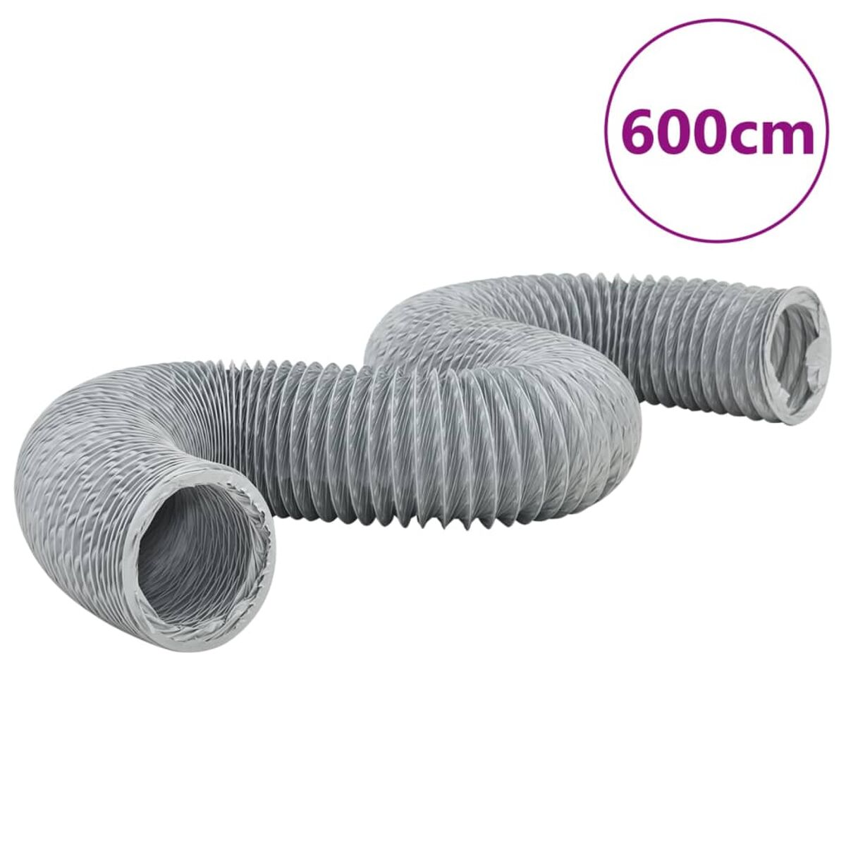 Grauer, flexibler Wellschlauch. Er ist gebogen und hat ein rundes Etikett mit '600cm' in Lila.