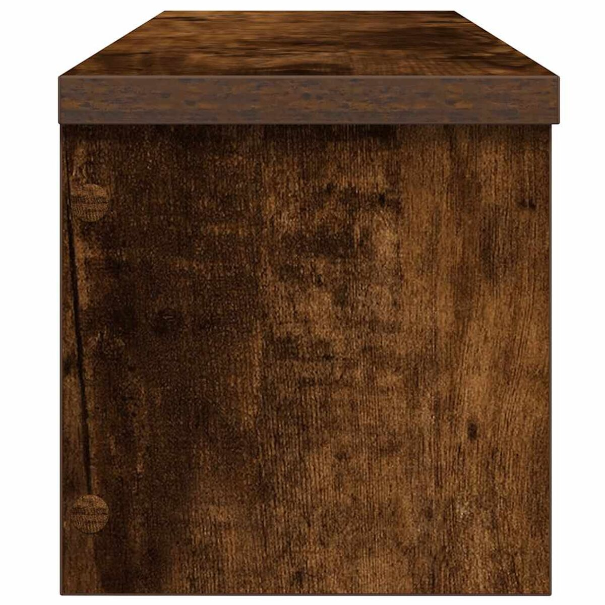 Holzschrank, mittelbraun, mit Ober- und Seitenansicht, strukturierte Holzmaserung.