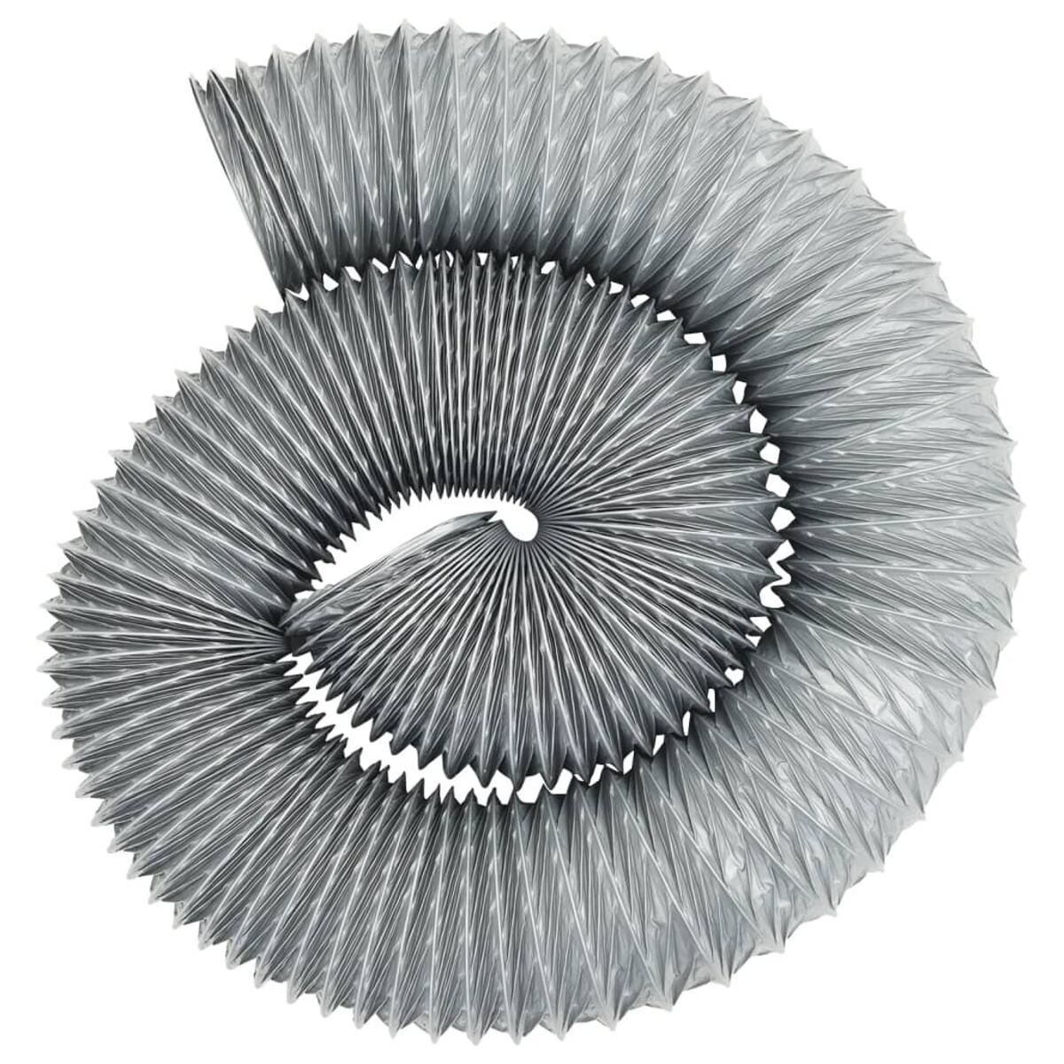 Silberfarbene, flexible Kanalrohre in Spiralform, vor weißem Hintergrund.
