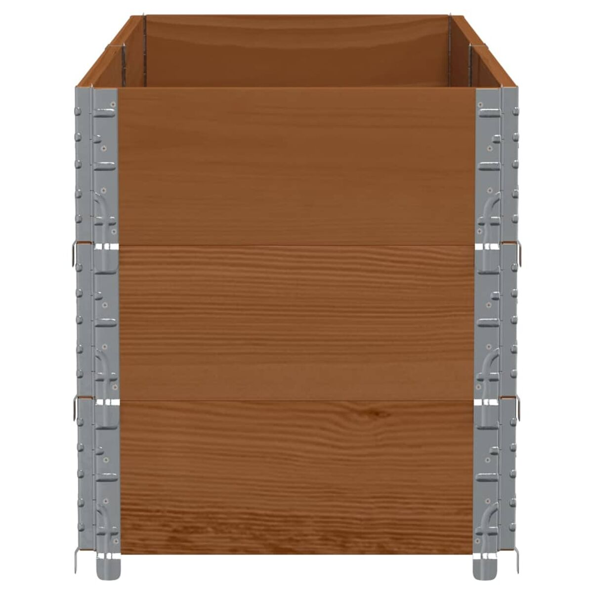 Fioriera in legno con supporti metallici. Realizzata con assi marroni e cerniere metalliche.